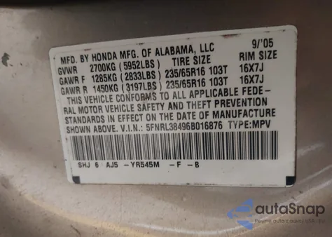 2006 Honda Odyssey Ex z USA, uszkodzony, nr VIN 5FNRL38496B016876